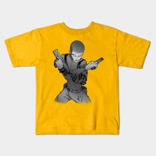 Cyberpunk detective policeman stands in a suggestive pose with two pistols and a hand with gears Kids T-Shirt